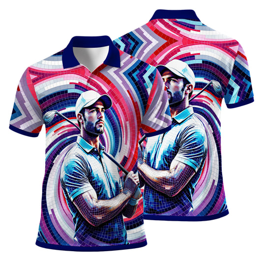 HomyGifts Men's Customized Face Artistic Golf Polo Shirt, Mosaic Art Style, Unique Personalized Golf Polo For Men Style 9