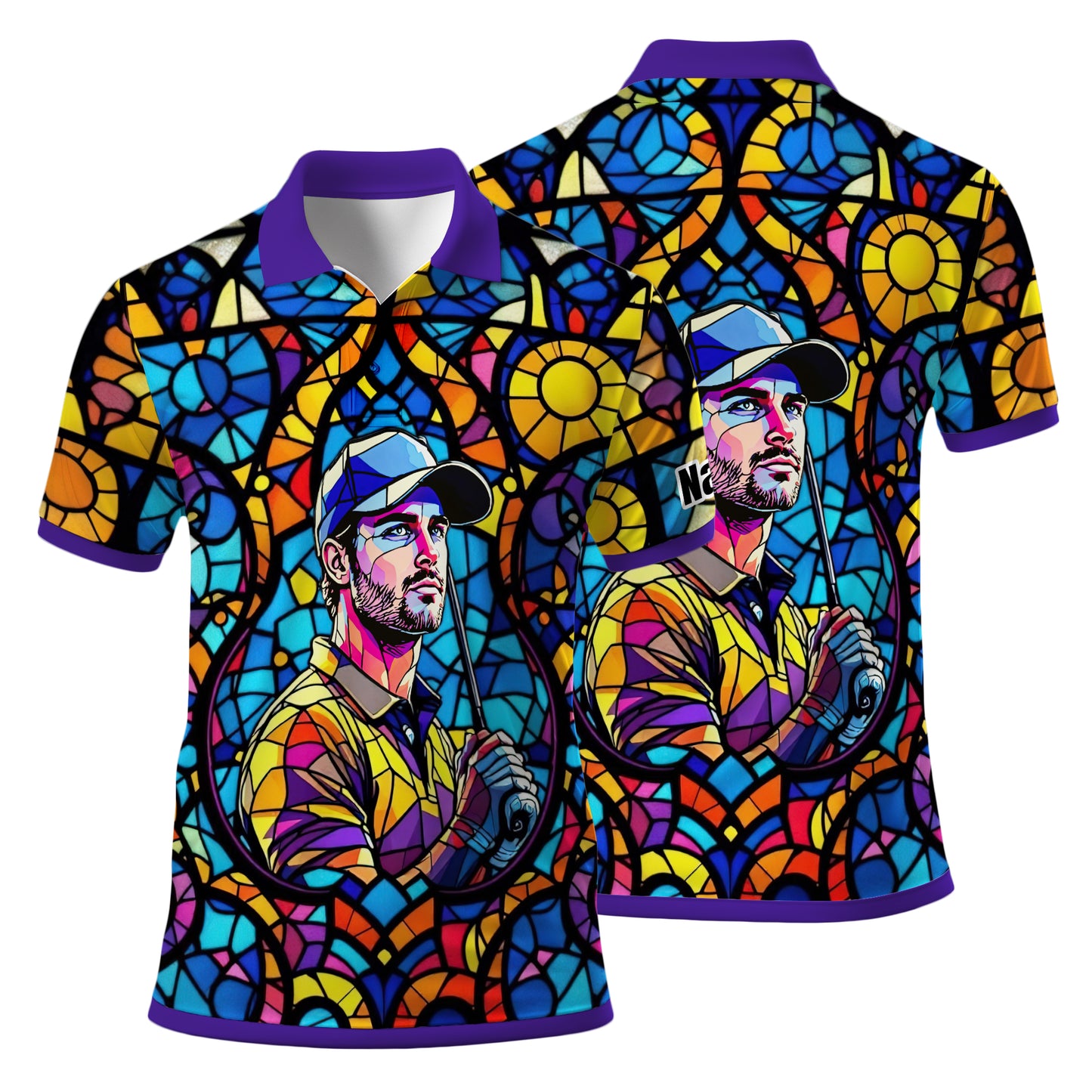 Custom Face Golf Polo Shirt – Personalized Stained Glass Art Shirt, Unique Golf Gift for Him, Colorful Abstract Golf Polo, Custom Sportswear