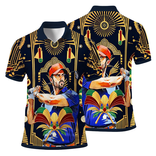 Custom Face Golf Polo Shirt – Swing in Gold Art Deco Revival Style | Personalized Golf Shirt for Men Style 10