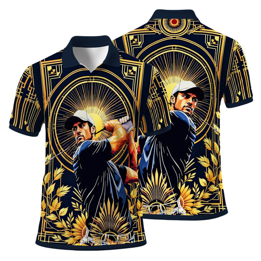 Custom Face Golf Polo Shirt – Swing in Gold Art Deco Revival Style | Personalized Golf Shirt for Men Style 6