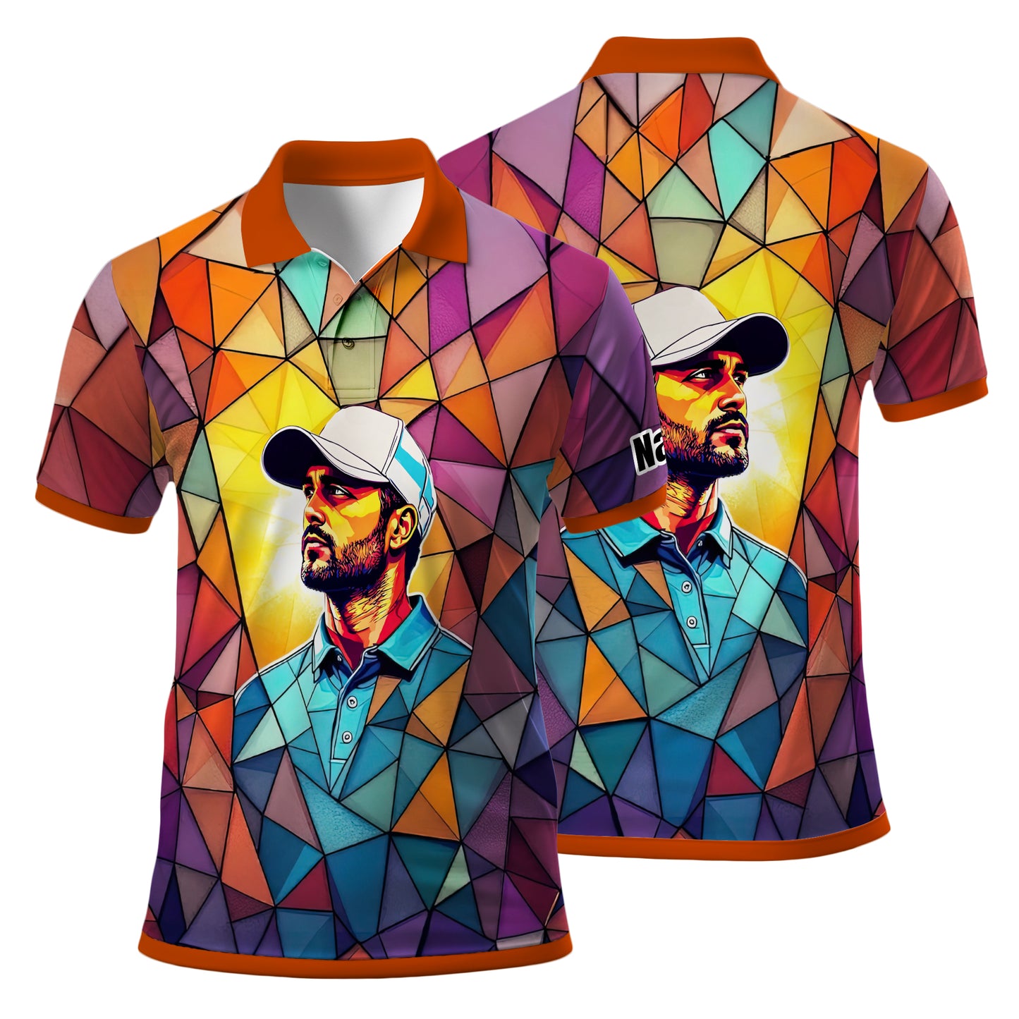 Angular Geometric Glass Pattern Custom Face Polo — Stained-Glass Mosaic Print, Personalized Sublimation Golf Shirt, Vibrant Geometric Portrait Tee