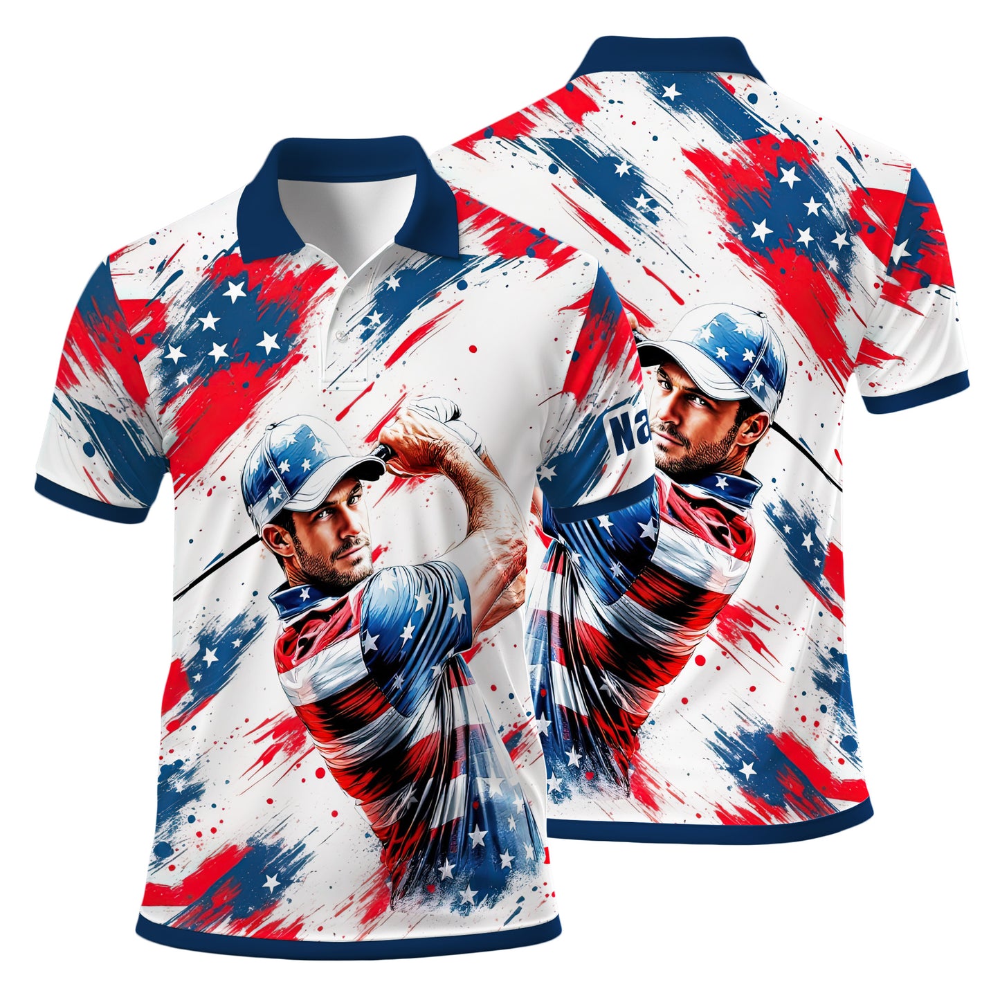 HomyGifts Men's Customized Face Artistic Golf Polo Shirt, Personalized American Flag Design, Unique Gift for Patriotic Golfers Style 27