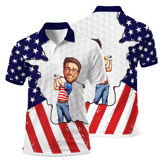 HomyGifts Men's Customized Face Artistic Golf Polo Shirt, Personalized American Flag Design, Unique Gift for Patriotic Golfers Style 1