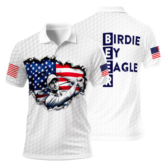 HomyGifts Men's Customized Face Artistic Golf Polo Shirt, Personalized American Flag Design, Unique Gift for Patriotic Golfers Style 9