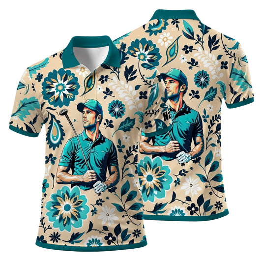 Custom Retro Pattern Art Polo Shirt – Personalized Face & Name | Vintage Floral Pattern Collared Shirt for Men Style 3