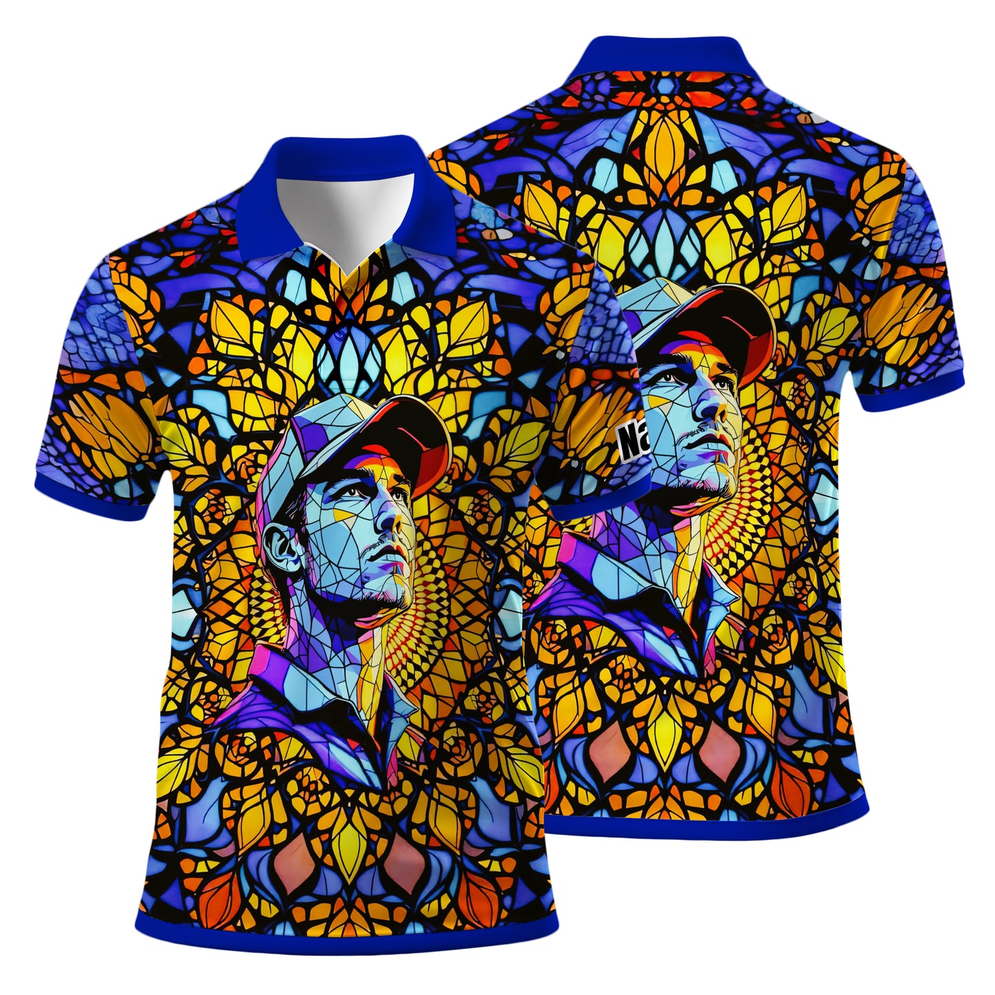 Custom Face Golf Polo Shirt – Personalized Stained Glass Mandala Style Polo, Unique Gift for Men & Women, Vibrant Artistic Golf Shirt, Custom Photo Polo