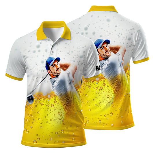 HomyGifts Men's Customized Face Artistic Golf Polo Shirt, Beer pattern Design, Special Gift for Beer & Golf Lovers, Summer Party Outfit, Unique Gift for Men Style 10