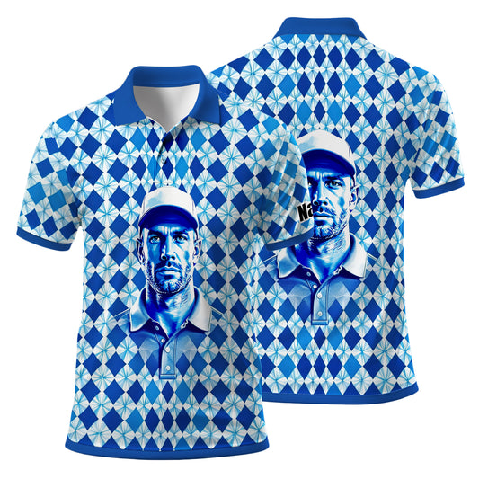 Custom Face Polo Shirt – Geometric Diamond Pattern | Personalized Photo Golf Polo | Unique Gift for Him, Retro Geometric Style Shirt Style 13