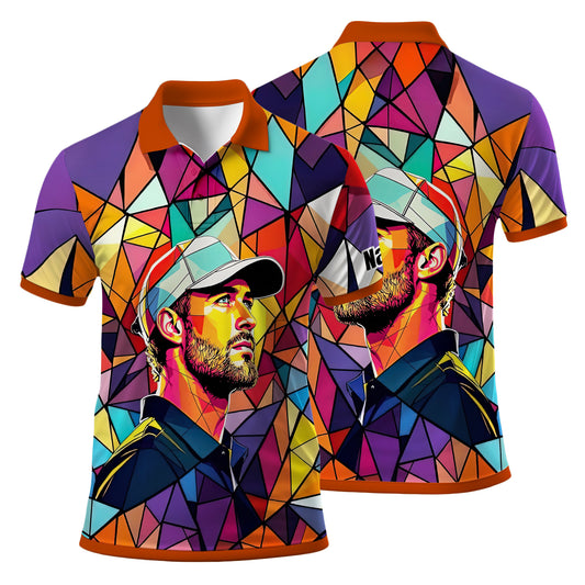 HomyGifts Men's Customized Face Artistic Golf Polo Shirt, Angular Geometric Glass Pattern, Stained-Glass Mosaic Print, Personalized Sublimation Golf Shirt, Vibrant Geometric Portrait Tee Style 10