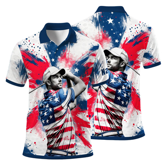 HomyGifts Men's Customized Face Artistic Golf Polo Shirt, Personalized American Flag Design, Unique Gift for Patriotic Golfers Style 24