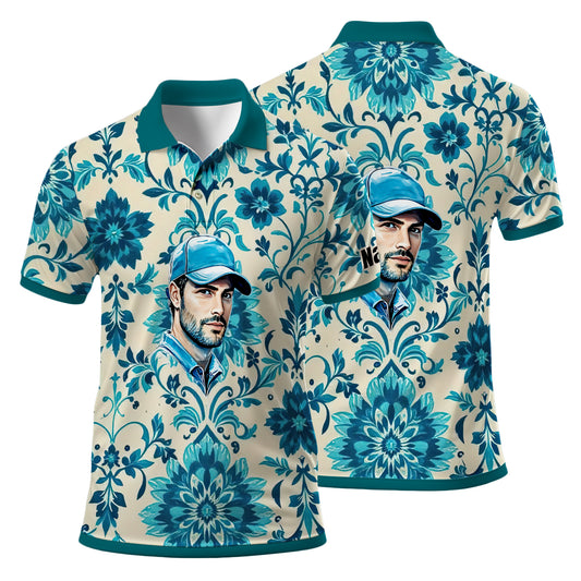 Custom Retro Pattern Art Polo Shirt – Personalized Face & Name | Vintage Floral Pattern Collared Shirt for Men Style 2
