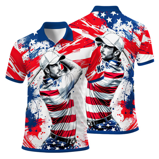 HomyGifts Men's Customized Face Artistic Golf Polo Shirt, Personalized American Flag Design, Unique Gift for Patriotic Golfers Style 23