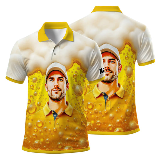 HomyGifts Men's Customized Face Artistic Golf Polo Shirt, Beer pattern Design, Special Gift for Beer & Golf Lovers, Summer Party Outfit, Unique Gift for Men Style 1