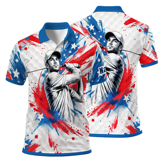 HomyGifts Men's Customized Face Artistic Golf Polo Shirt, Personalized American Flag Design, Unique Gift for Patriotic Golfers Style 21