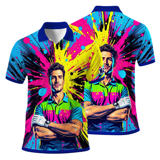 HomyGifts Men's Customized Face Artistic Golf Polo Shirt, Personalized Pop Art Golf Polo, Portrait Gift for Golfers Style 5
