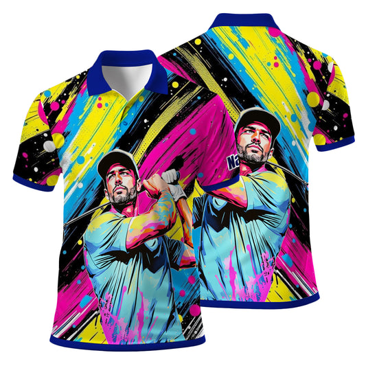 HomyGifts Men's Customized Face Artistic Golf Polo Shirt, Personalized Pop Art Golf Polo, Portrait Gift for Golfers Style 17