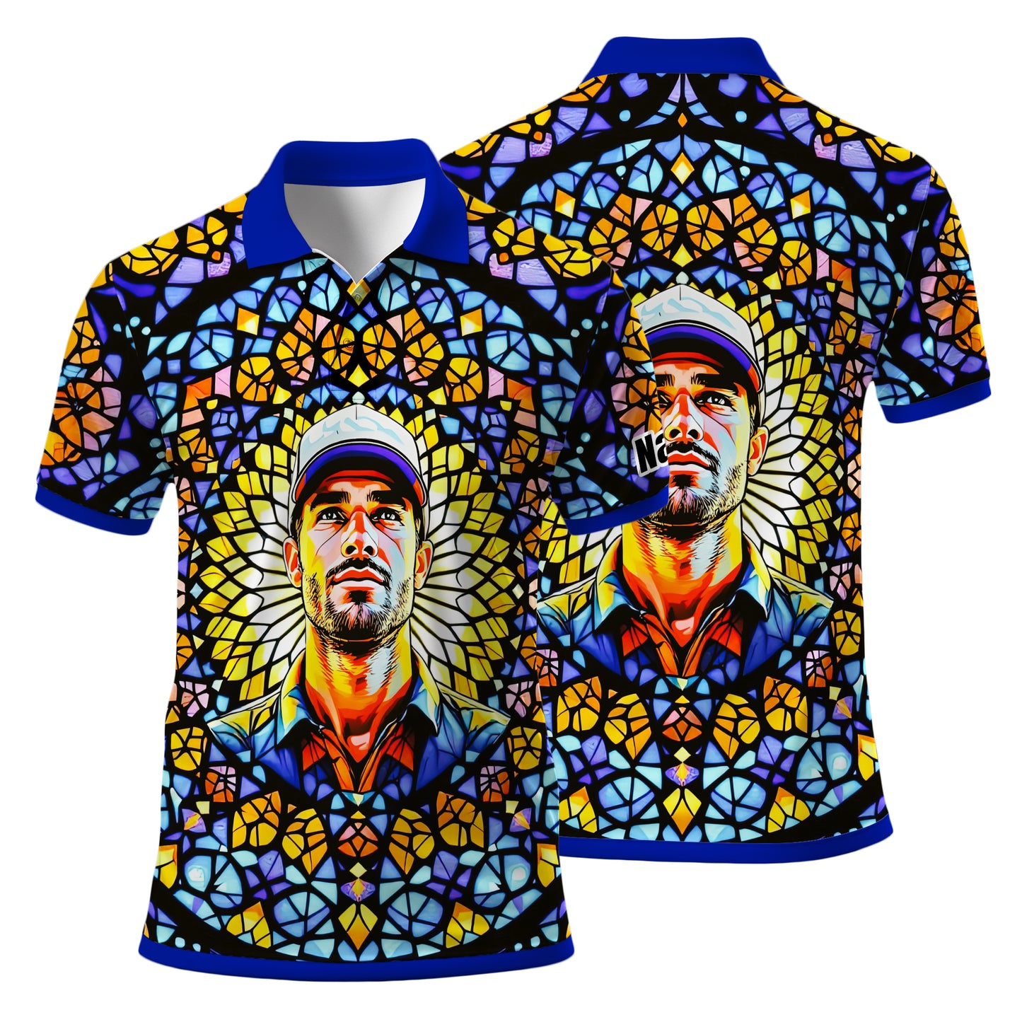 Custom Face Golf Polo Shirt – Personalized Stained Glass Mandala Style Polo, Unique Gift for Men & Women, Vibrant Artistic Golf Shirt, Custom Photo Polo