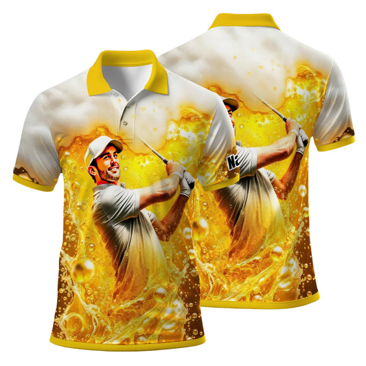 HomyGifts Men's Customized Face Artistic Golf Polo Shirt, Beer pattern Design, Special Gift for Beer & Golf Lovers, Summer Party Outfit, Unique Gift for Men Style 15