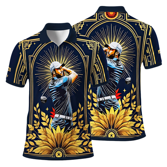 Custom Face Golf Polo Shirt – Swing in Gold Art Deco Revival Style | Personalized Golf Shirt for Men Style 5