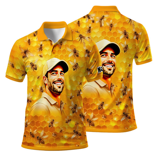 HomyGifts Men's Customized Face Artistic Golf Polo Shirt, Personalized Bee & Honeycomb Polo Shirt with Face, Funny Honey Lover Outfit, Summer Polo for Men Style 6