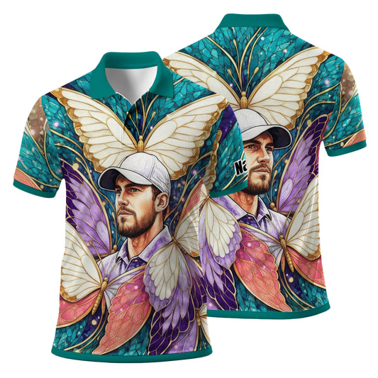 Custom Face Butterfly Golf Polo Shirt – Personalized Spring Mirage Art Style – Unique Gift for Him, Nature Inspired Men's Shirt Style 4