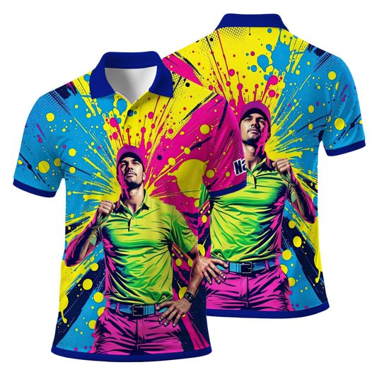 HomyGifts Men's Customized Face Artistic Golf Polo Shirt, Personalized Pop Art Golf Polo, Portrait Gift for Golfers Style 9