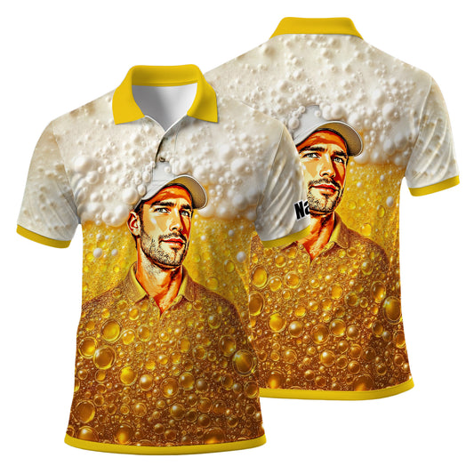 HomyGifts Men's Customized Face Artistic Golf Polo Shirt, Beer pattern Design, Special Gift for Beer & Golf Lovers, Summer Party Outfit, Unique Gift for Men Style 7