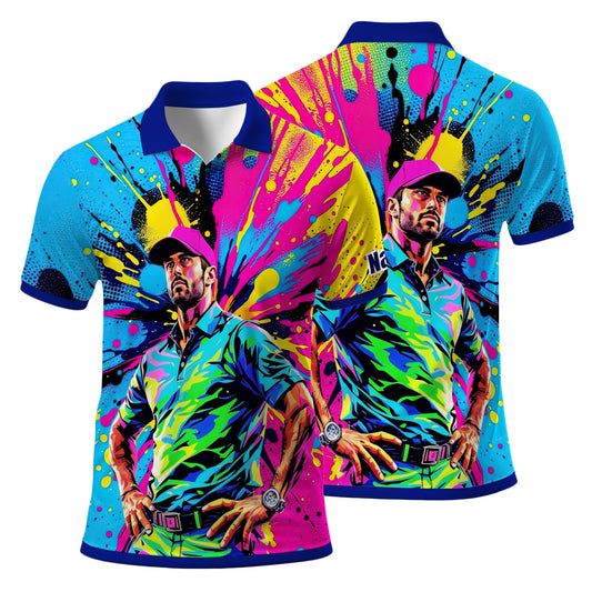 HomyGifts Men's Customized Face Artistic Golf Polo Shirt, Personalized Pop Art Golf Polo, Portrait Gift for Golfers Style 12