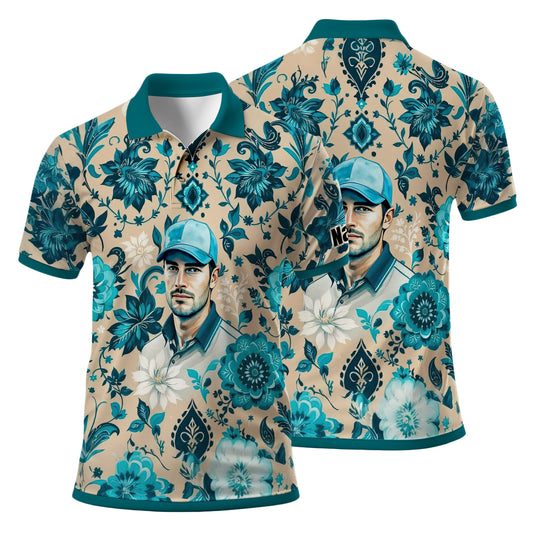 Custom Retro Pattern Art Polo Shirt – Personalized Face & Name | Vintage Floral Pattern Collared Shirt for Men Style 5
