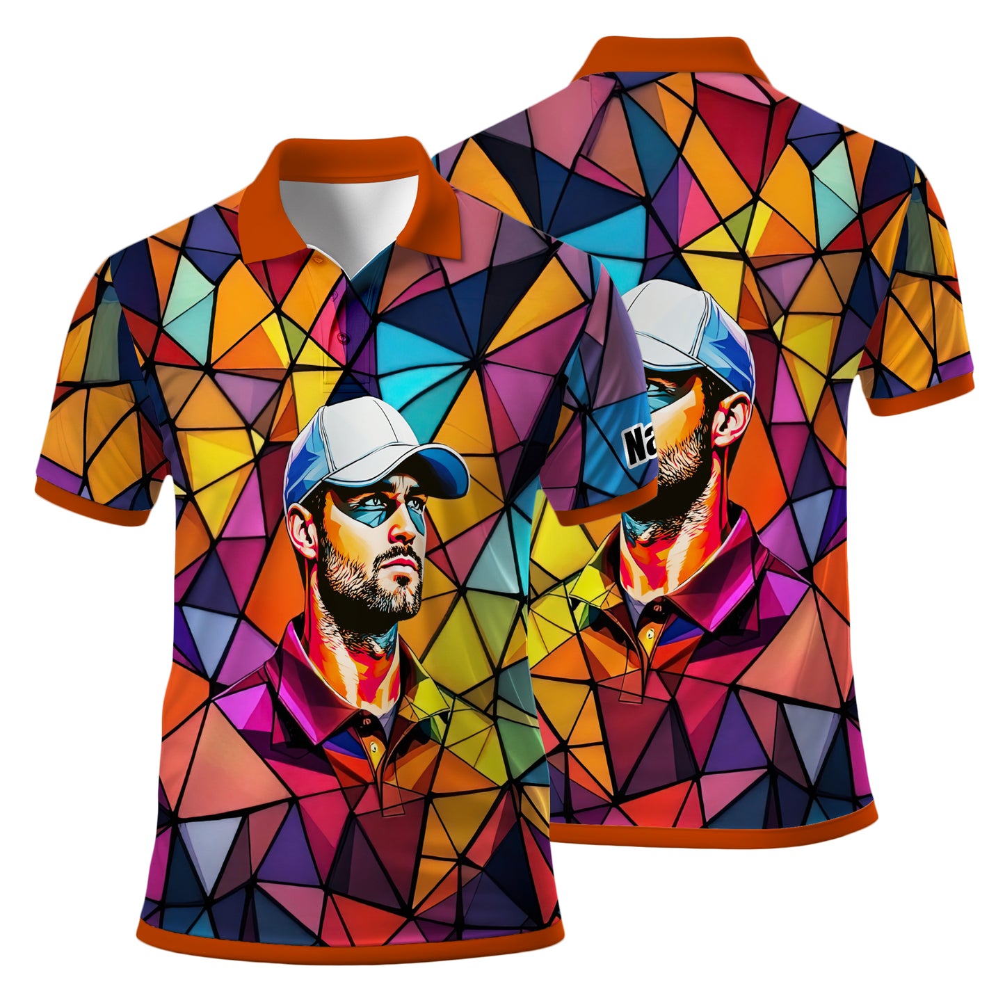 Angular Geometric Glass Pattern Custom Face Polo — Stained-Glass Mosaic Print, Personalized Sublimation Golf Shirt, Vibrant Geometric Portrait Tee