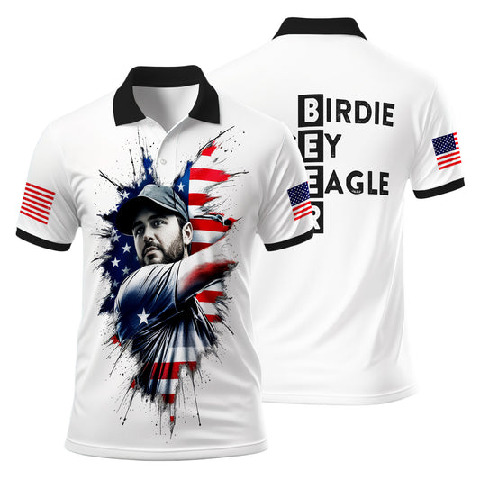 HomyGifts Men's Customized Face Artistic Golf Polo Shirt, Personalized American Flag Design, Unique Gift for Patriotic Golfers Style 5