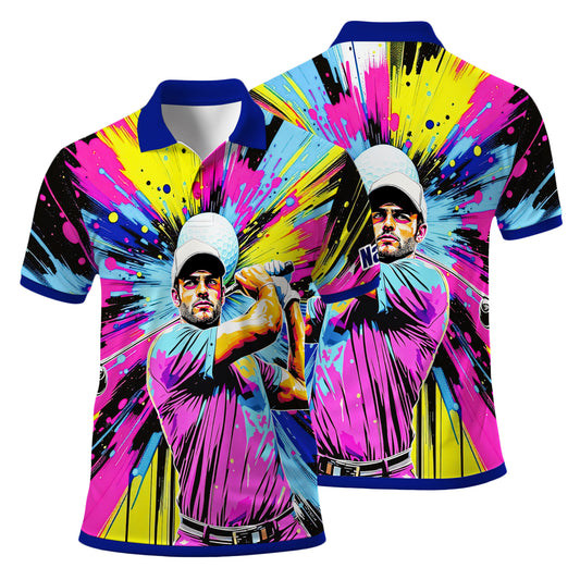 HomyGifts Men's Customized Face Artistic Golf Polo Shirt, Personalized Pop Art Golf Polo, Portrait Gift for Golfers Style 21
