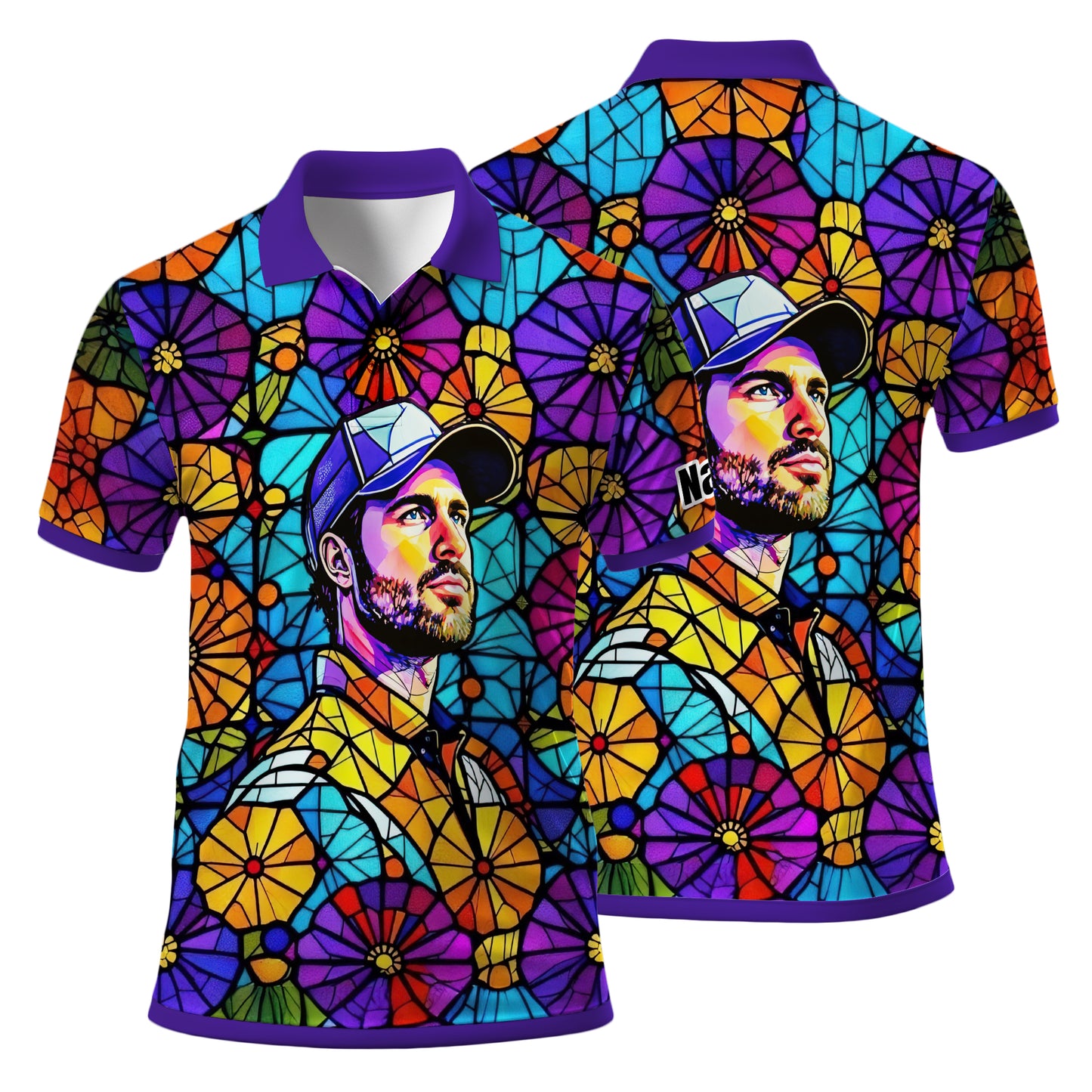 Custom Face Golf Polo Shirt – Personalized Stained Glass Art Shirt, Unique Golf Gift for Him, Colorful Abstract Golf Polo, Custom Sportswear