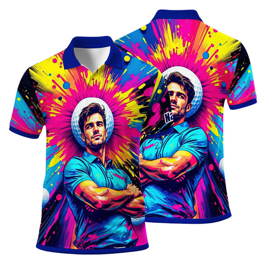 HomyGifts Men's Customized Face Artistic Golf Polo Shirt, Personalized Pop Art Golf Polo, Portrait Gift for Golfers Style 4