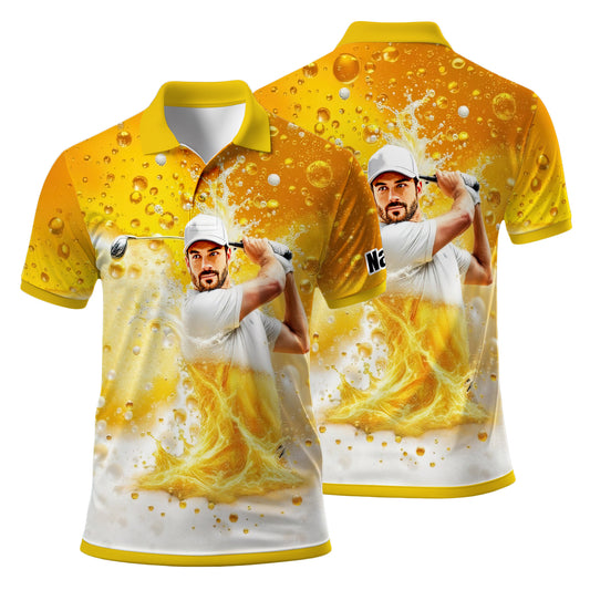 HomyGifts Men's Customized Face Artistic Golf Polo Shirt, Beer pattern Design, Special Gift for Beer & Golf Lovers, Summer Party Outfit, Unique Gift for Men Style 9