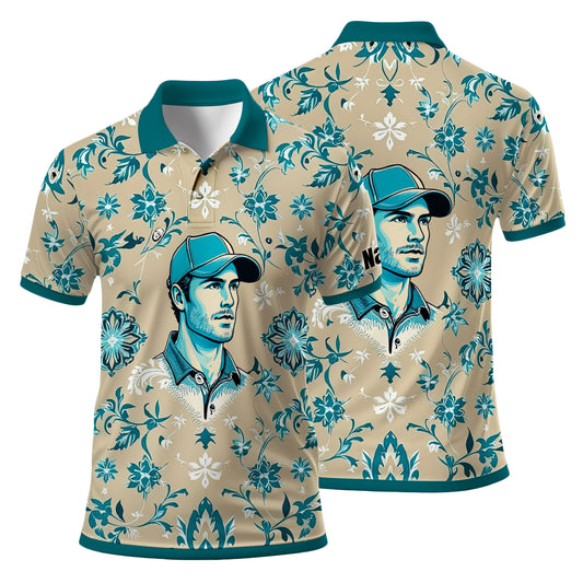 Custom Retro Pattern Art Polo Shirt – Personalized Face & Name | Vintage Floral Pattern Collared Shirt for Men Style 6