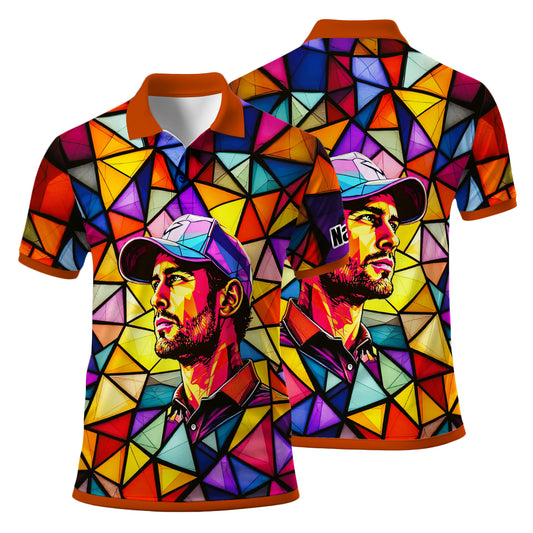 HomyGifts Men's Customized Face Artistic Golf Polo Shirt, Angular Geometric Glass Pattern, Stained-Glass Mosaic Print, Personalized Sublimation Golf Shirt, Vibrant Geometric Portrait Tee Style 11