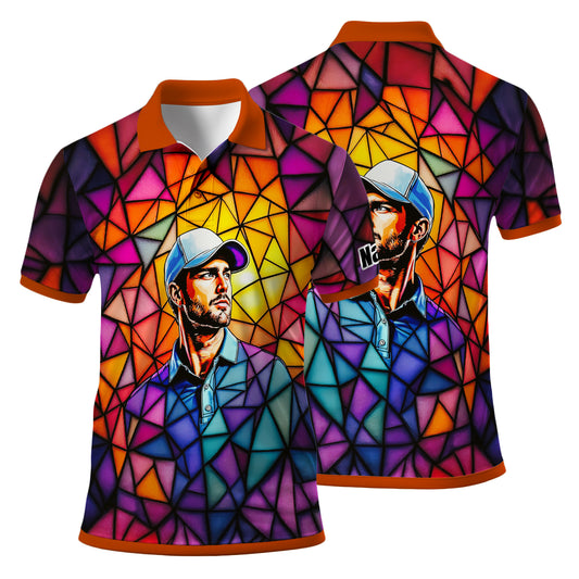 HomyGifts Men's Customized Face Artistic Golf Polo Shirt, Angular Geometric Glass Pattern, Stained-Glass Mosaic Print, Personalized Sublimation Golf Shirt, Vibrant Geometric Portrait Tee Style 7