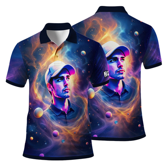 Custom Cosmic Portrait Polo Shirt – Personalized Surreal Galaxy Art with Your Face | Unique Gift for Golfers, Sports & Astrology Fans Style 6