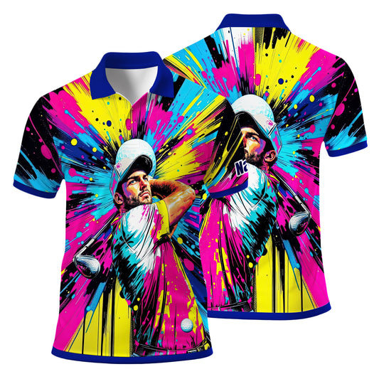 HomyGifts Men's Customized Face Artistic Golf Polo Shirt, Personalized Pop Art Golf Polo, Portrait Gift for Golfers Style 8