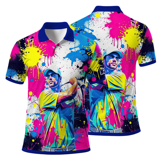 HomyGifts Men's Customized Face Artistic Golf Polo Shirt, Personalized Pop Art Golf Polo, Portrait Gift for Golfers Style 16