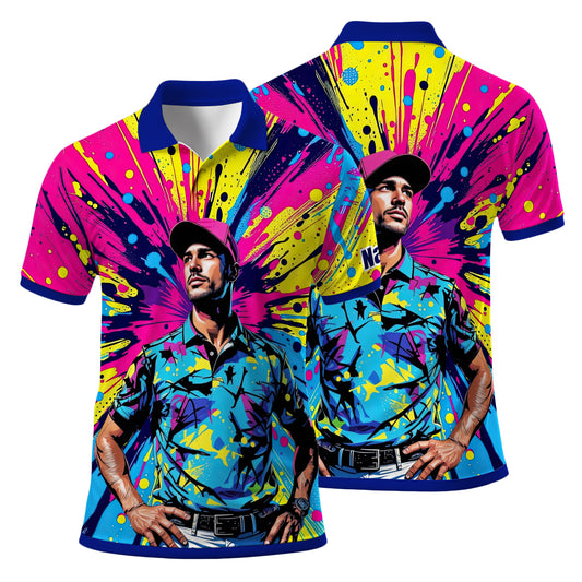 HomyGifts Men's Customized Face Artistic Golf Polo Shirt, Personalized Pop Art Golf Polo, Portrait Gift for Golfers Style 11