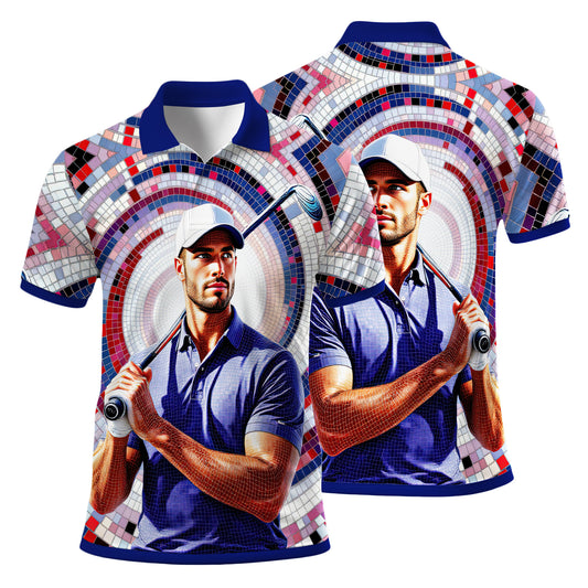 HomyGifts Men's Customized Face Artistic Golf Polo Shirt, Mosaic Art Style, Unique Personalized Golf Polo For Men Style 10