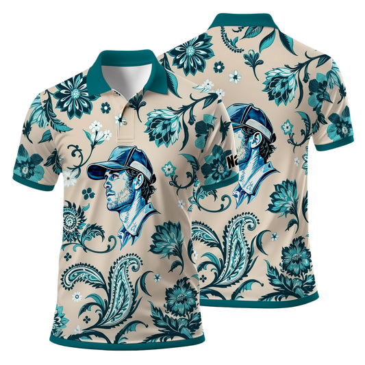 Custom Retro Pattern Art Polo Shirt – Personalized Face & Name | Vintage Floral Pattern Collared Shirt for Men Style 1