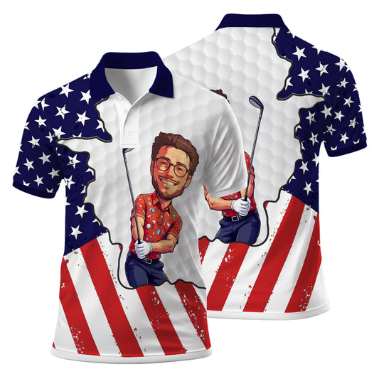 HomyGifts Men's Customized Face Artistic Golf Polo Shirt, Personalized American Flag Design, Unique Gift for Patriotic Golfers Style 2