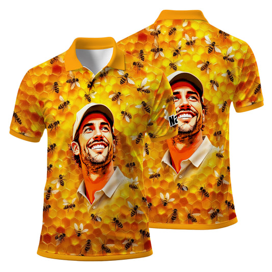 HomyGifts Men's Customized Face Artistic Golf Polo Shirt, Personalized Bee & Honeycomb Polo Shirt with Face, Funny Honey Lover Outfit, Summer Polo for Men Style 3
