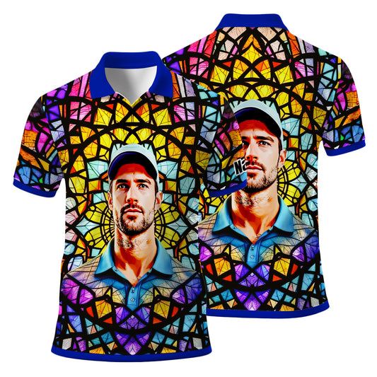 Custom Face Golf Polo Shirt – Personalized Stained Glass Mandala Style Polo, Unique Gift for Men & Women, Vibrant Artistic Golf Shirt, Custom Photo Polo Style 11