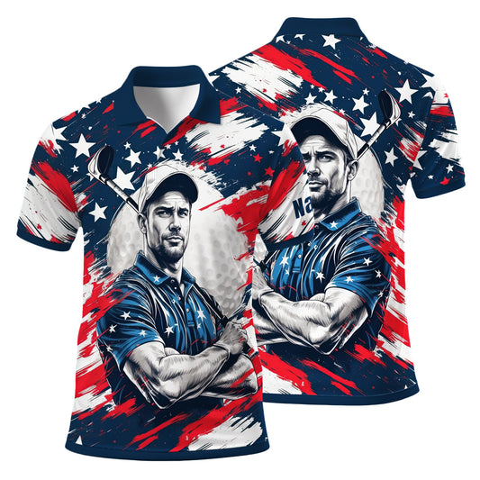 HomyGifts Men's Customized Face Artistic Golf Polo Shirt, Personalized American Flag Design, Unique Gift for Patriotic Golfers Style 15