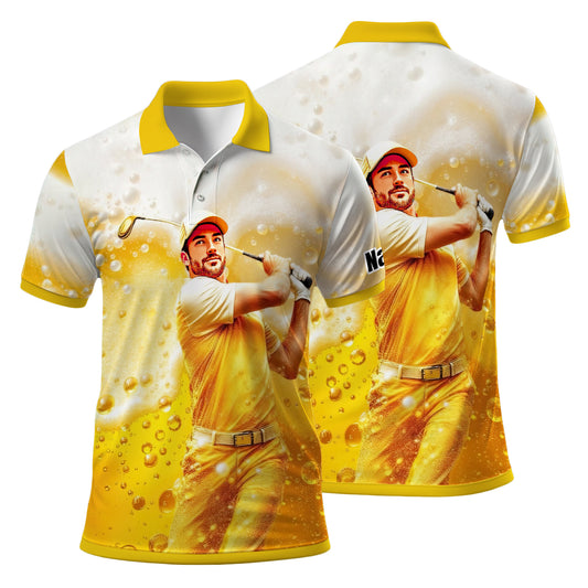 HomyGifts Men's Customized Face Artistic Golf Polo Shirt, Beer pattern Design, Special Gift for Beer & Golf Lovers, Summer Party Outfit, Unique Gift for Men Style 14