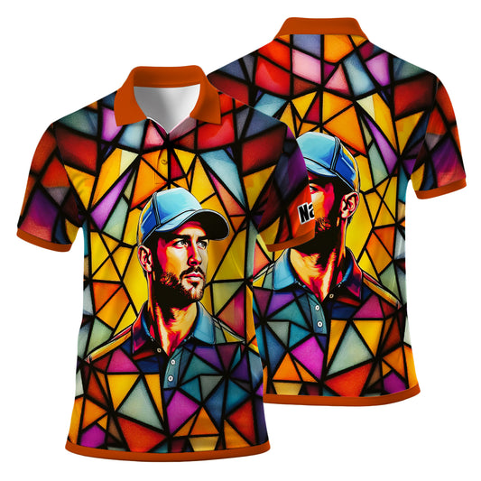 HomyGifts Men's Customized Face Artistic Golf Polo Shirt, Angular Geometric Glass Pattern, Stained-Glass Mosaic Print, Personalized Sublimation Golf Shirt, Vibrant Geometric Portrait Tee Style 13